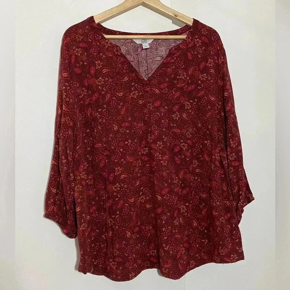 🎈Croft and Barrow women’s oversized paisley flowy burgundy bohemian top size 1X